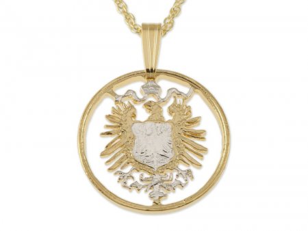 German Eagle Coin Pendant and Necklace, German 10 Pfenning Coin Hand Cut, 14 Karat Gold and Rhodium Plated, 3/4" in Diameter ( #R 112 )