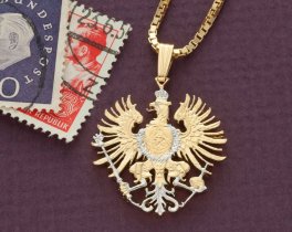 German Eagle Pendant and Necklace, German Eagle Coin hand Cut, 14 Karat Gold and Rhodium Plated, 1" in length, ( #X 118 )