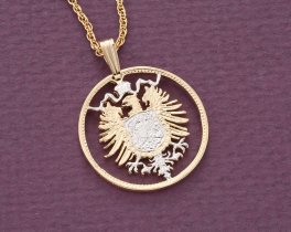 German Eagle Pendant and Necklace, Germany 1 Mark Eagle Coin hand Cut,14 Karat Gold and Rhodium Plated, 7/8" in Diameter, ( #R 115 )
