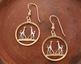 Giraffe Earrings, Rhodesia 1/5 Penny Giraffe Coin Hand Cut, 14 K Gold and Rhodium plated, 14 K Gold Filled Wires 3/4" in Diameter,( # 266E )