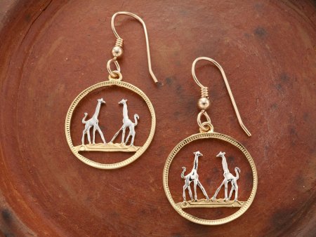 Giraffe Earrings, Rhodesia 1/5 Penny Giraffe Coin Hand Cut, 14 K Gold and Rhodium plated, 14 K Gold Filled Wires 3/4" in Diameter,( # 266E )
