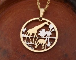 Giraffes Pendant and Necklace, Mozambique coin Hand Cut, 14 Karat Gold and Rhodium Plated, 1 1/8" in Diameter, ( #R 647 )