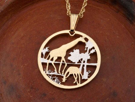 Giraffes Pendant and Necklace, Mozambique coin Hand Cut, 14 Karat Gold and Rhodium Plated, 1 1/8" in Diameter, ( #R 647 )