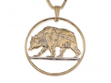 Golden Grizzley Pendant and Necklace, United States Half Dollar Hand Cut, 14 K Gold and Rhodium Plated, 1 1/8" in Diameter, ( #X 382 )