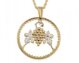 Grapes and Grape Vine Pendant and Necklace, Cyprus 50 Mils Coin Hand Cut, .80" in Diameter, ( # R719 )