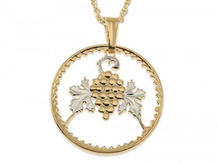 Grapes and Grape Vine Pendant and Necklace, Cyprus 50 Mils Coin Hand Cut, .80" in Diameter, ( # R719 )