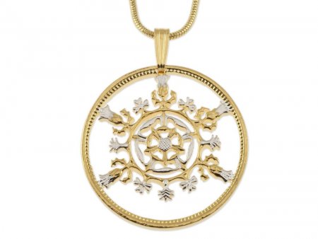 Great Britain 2 Shilling hand cut Pendant and Necklace,  14K Gold and Rhodium Plated,1 1/8" in Diameter, ( #K 763 )