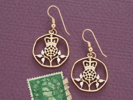 Great Britain Royal Crown Earrings, British 20 Pence Hand Cut Coin, 14 K Gold and Rhodium Plated, 7/8" in Diameter, ( # 131E )