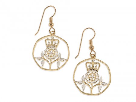 Great Britain Royal Crown Earrings, British 20 Pence Hand Cut Coin, 14 K Gold and Rhodium Plated, 7/8" in Diameter, ( # 131E )