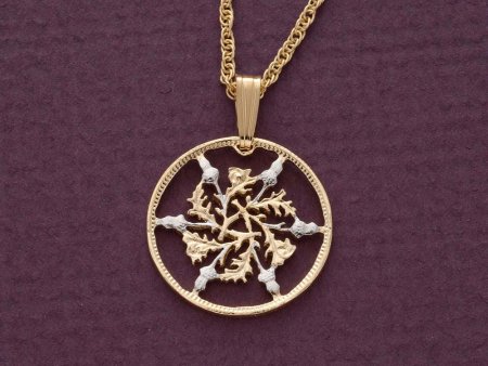 Great Britain Six Pence Pendant and Necklace, British Six Pence coin Hand Cut, 14 Karat Gold & Rhodium Plated, 3/4 " in Diameter,( #R 129 )