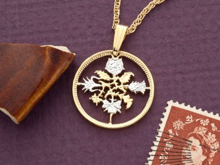 Great Britain Six Pence Pendant and Necklace Jewelry, British Six Pence hand Cut, 14 K Gold and Rhodium Plated, 3/4" in Diameter ( # R130 )