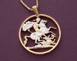 Great Britain St George Pendant and Necklace, British Crown Hand Cut, 14 K Gold and Rhodium plated, 1 1/4" in Diameter, ( #X 498 )