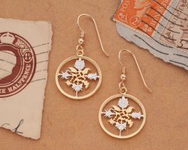 Great Britian Six Pence Earrings, British Six Pence Coin Hand Cut, 14 K Gold and Rhodium plated, 3/4" in Diameter ( # 130E )