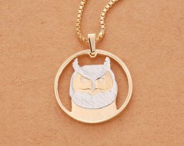 Great Horned Owl Pendant, Canada 50 cents Coin Hand Cut, 1" Diameter, ( #X 737 )