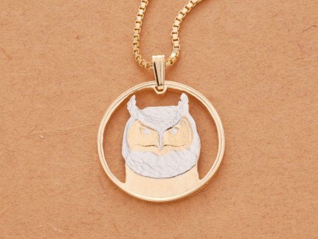 Great Horned Owl Pendant, Canada 50 cents Coin Hand Cut, 1" Diameter, ( #X 737 )