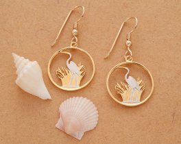 Great White Heron Earrings, Malawi Coin Hand Cut, 14 Karat Gold and Rhodium Plated, 3/4" in Diameter, 14 K Gold Filled Ear Wires, ( # 231E )