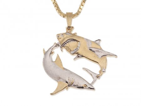 Great White Shark Pendant and Necklace, Australian Coin Hand Cut,14 Karat Gold and Rhodium Plated,1" in Diameter, ( #X 648B )
