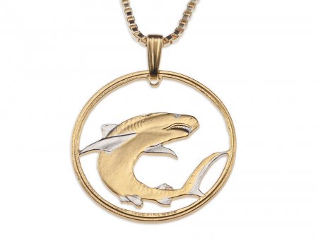 Great White Shark Pendant and Necklace Jewelry, Solomon Island Shark Coin hand Cut, 14K and Rhodium Plated, 1' " in Diameter, ( #X 671 )