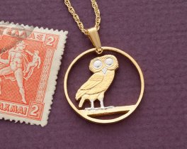 Greek Athena Owl Pendant and NecklaceGreek 2 Draxmaim Owl Coin Hand Cut, 14 Karat Gold and Rhodium Plated. 7/8" in Diameter, (#R 143 )