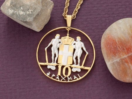 Greek Mythology Pendant and Necklace Jewelry, Greek 10 Dramai Coin Hand Cut, 14 Karat Gold and Rhodium, 1 1/4" in Diameter, ( #R 145 )