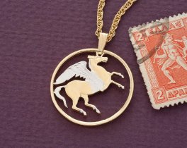 Greek Pegasus Pendant and Necklace Jewelry, Greek 10 Draxmai coin Hand Cut and plated in 14 K Gold and Rhodium,1" in Diameter, (#R 144 )