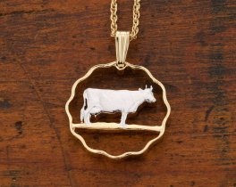 Guernsey Cow Pendant and Necklace, Guernsey 3 Pence Coin Hand Cut, 14 K Gold and Rhodium Plated, 3/4" in Diameter, ( #R 153 )