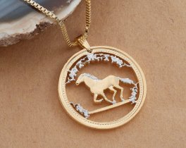 Horse Pendant and Necklace, Australian Year Of The Horse Coin Hand Cut, 14 Karat  Gold and Rhodium Plated, 1 1/4" in Diameter, ( #X 742 )