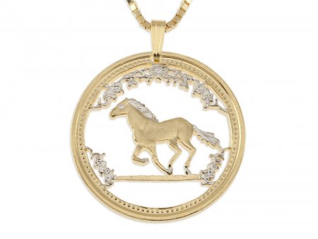 Horse Pendant and Necklace, Australian Year Of The Horse Coin Hand Cut, 14 Karat  Gold and Rhodium Plated, 1 1/4" in Diameter, ( #X 742 )
