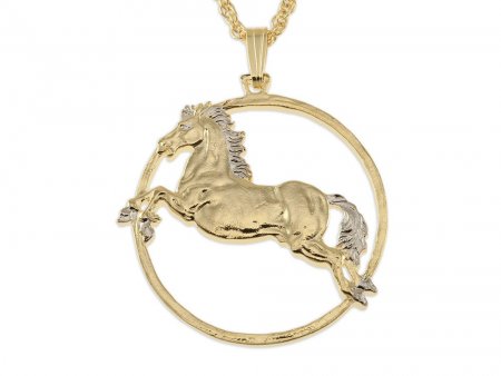 Horse Pendant and Necklace, Chinese Year Of The Horse Coin Hand Cut, 14 K Gold and Rhodium plated, 1 1/4" in Diameter, ( #R 556 )