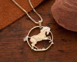 Horse Pendant and Necklace, Hand cut Horse coin pendant, Equestrian Jewelry, Rearing horse pendant, 1 1/8" diameter, ( #X 781 )
