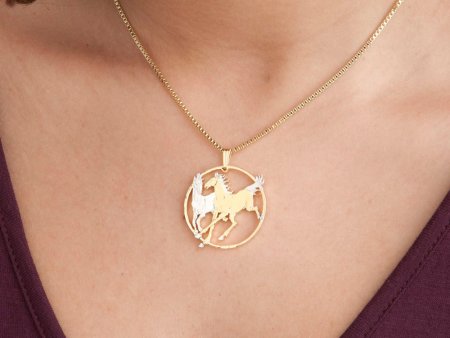 Horse Pendant and Necklace, Isle Of Man Year Of The Horse Coin Hand Cut, 14 Karat Gold and Rhodium Plated, 1 1/4" in Diameter, ( #X780 )