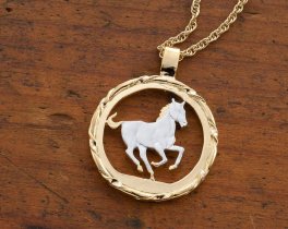 Horse Pendant and Necklace, Liberia 5 Dollar Year Of The Horse Coin Hand Cut, 14 Karat Gold and Rhodium Plated,1 1/8" in Diameter ( #R 716 )