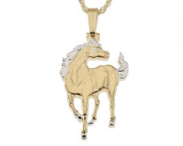 Horse Pendant and Necklace, Macao Horse Coin Hand Cut, 14 Karat Gold and Rhodium plated, 7/8" in Diameter, ( #R 645B )