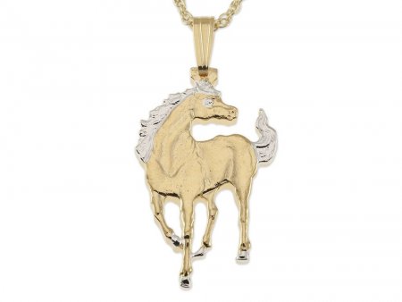 Horse Pendant and Necklace, Macao Horse Coin Hand Cut, 14 Karat Gold and Rhodium plated, 7/8" in Diameter, ( #R 645B )