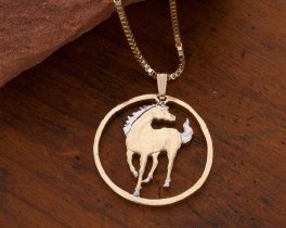 Horse Pendant and Necklace, Macao Year Of The Horse Coin Hand Cut, 14 Karat and Rhodium Plated, 1" in Diameter, ( #X 645 )