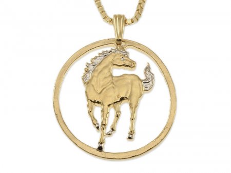 Horse Pendant and Necklace, Macao Year Of The Horse Coin Hand Cut, 14 Karat and Rhodium Plated, 1" in Diameter, ( #X 645 )