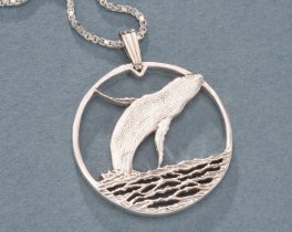 Humpback Whale Pendant, Hand Cut Bermuda Two Dollar Humpback Whale Coin, Sterling Silver, 1" in Diameter, ( #X 643S )