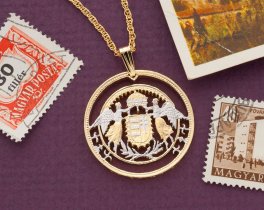 Hungarian Pendant and Necklace Jewelry, Hungarian Ten Pengo Coin Hand Cut, 14 Karat Gold and Rhodium Plated, 1 " in Diameter, ( # R 158 )