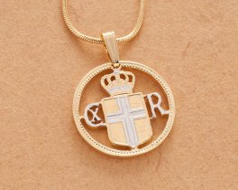 Iceland Royal Crest Pendant and Necklace, Iceland One Kroner Coin Hand Cut, 14 Karat Gold and Rhodium Plated, 7/8" in Diameter, ( #K 934 )