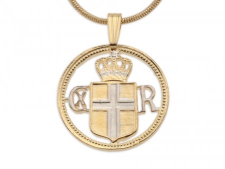 Iceland Royal Crest Pendant and Necklace, Iceland One Kroner Coin Hand Cut, 14 Karat Gold and Rhodium Plated, 7/8" in Diameter, ( #K 934 )