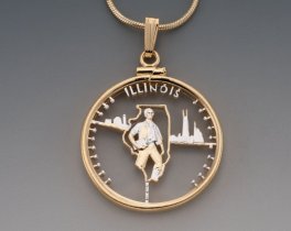 Illinois State Quarter Pendant, Hand Cut United States Illinois Quarter, 14 Karat Gold and Rhodium Plated, 1" in Diameter, ( #K 2021 )