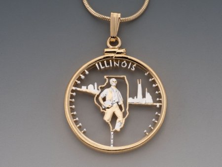 Illinois State Quarter Pendant, Hand Cut United States Illinois Quarter, 14 Karat Gold and Rhodium Plated, 1" in Diameter, ( #K 2021 )