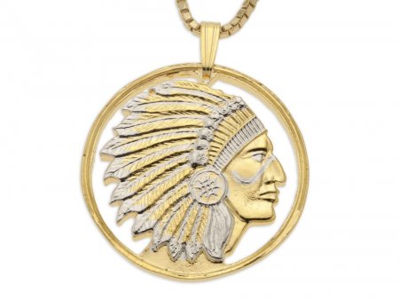 Indian Chief Pendant and Necklace, Military Challenge Coin Hand Cut, 14 Karat Gold and Rhodium Plated, 1 1/8" in Diameter, ( # 682 )