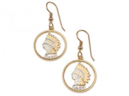 Indian Head Penny Earrings, United States Indian Head One Cent Hand Cut, 14 Karat Gold and Rhodium Plated, 3/4" in Diameter, ( # 307E )