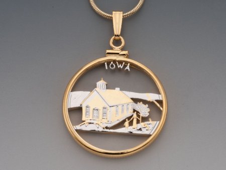 Iowa State Quarter Pendant, Hand Cut United States Iowa State Quarter, 14 Karat Gold and Rhodium Plated, 1" in Diameter, ( #K 2029 )