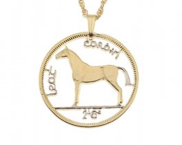 Ireland Horse Pendant and Necklace, Ireland Half Crown Coin Hand Cut, 14 Karat Gold and Rhodium Plated , 1 1/4 " in Diameter, ( #R 173 )