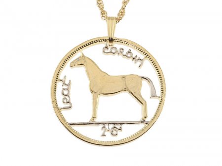 Ireland Horse Pendant and Necklace, Ireland Half Crown Coin Hand Cut, 14 Karat Gold and Rhodium Plated , 1 1/4 " in Diameter, ( #R 173 )