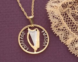 Irish Harp Celtic Pendant and Necklace, Ireland One Shilling Harp coin hand Cut, 14 K Gold and Rhodium Plated, 7/8" in Diameter, ( #R 175 )