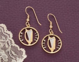 # 163E hand cut coin gold filled wires, Irish Harp Half Penny coin earrings 