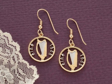 Irish Harp Coin Earrings, Ireland 3 Pence Coin Hand Cut, 14 Karat Gold and Rhodium plated, 14K Gold Filled Ear Wires, ( # 159E )